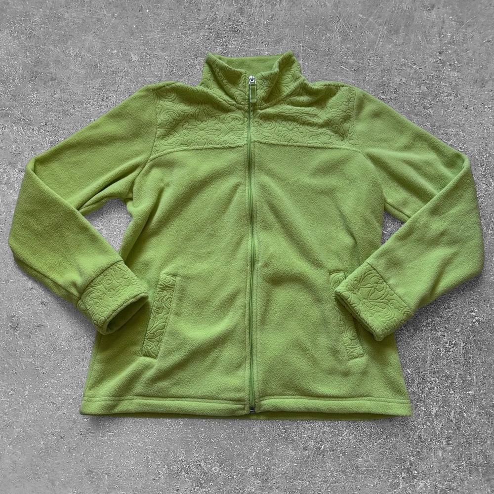 Made for Life Women Green Fleece Jacket Floral Embossed Full Zip Mock Neck Small